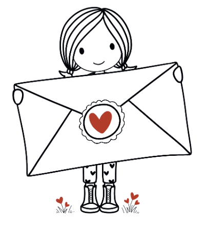 Amelie holding a big envelope with a red heart seal, above the words you've got mail