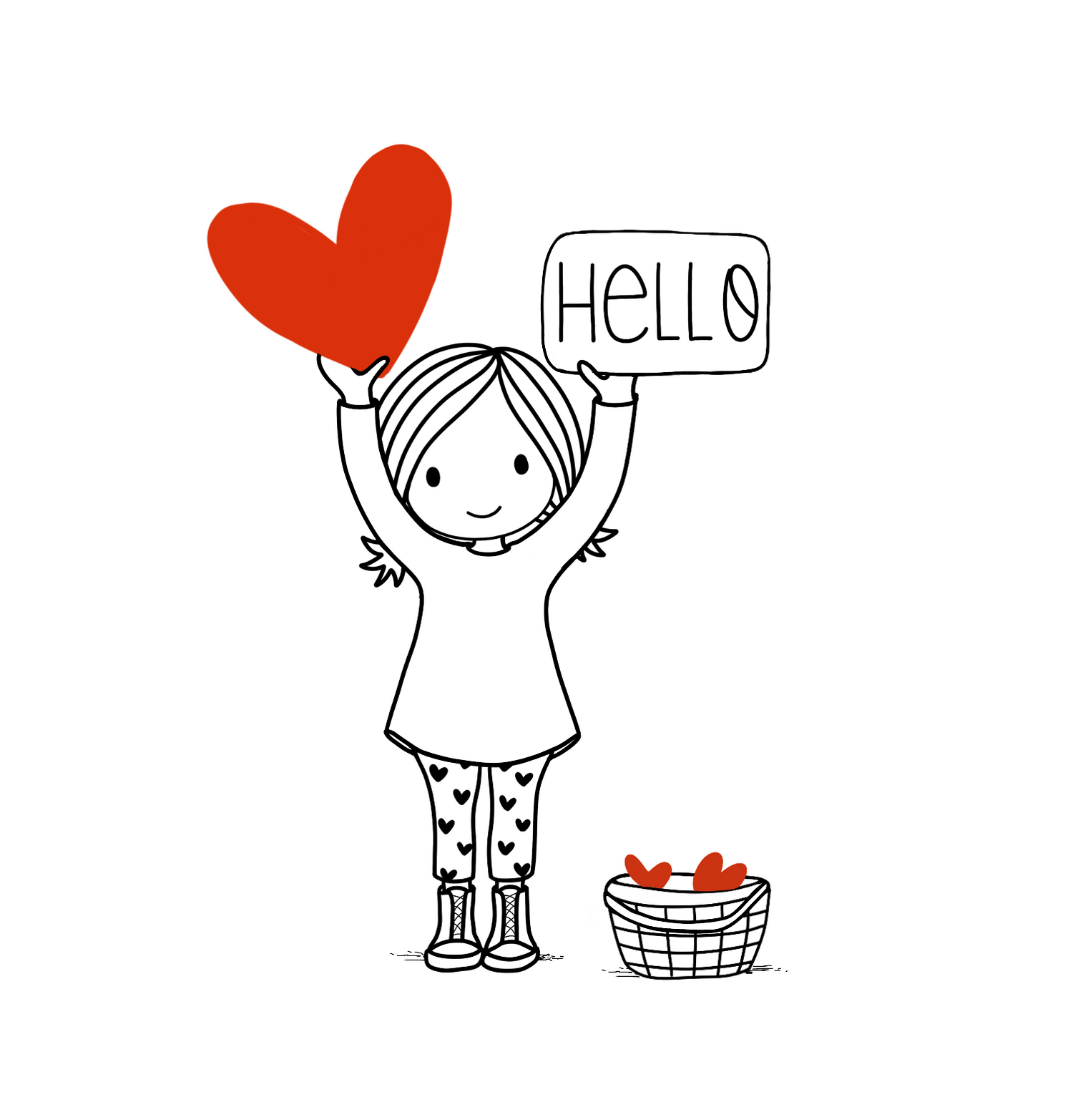 Illustration of a child holding a heart and a 'HELLO' sign, with a basket of hearts next to her